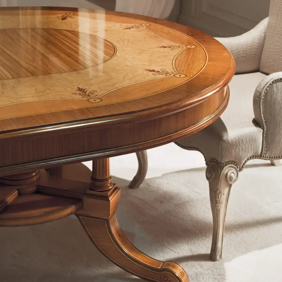 Distinguished Provasi 1213 extendable table crafted in warm brown wood with hand-carved details and inlaid floral motifs plus glossy finish