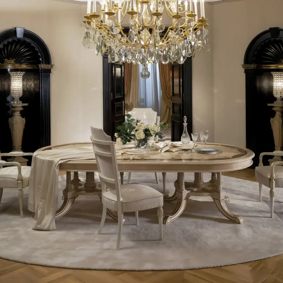 Exquisite Provasi 1213 extendable table crafted in light beige wood with ornate gilded detailing and satin finish