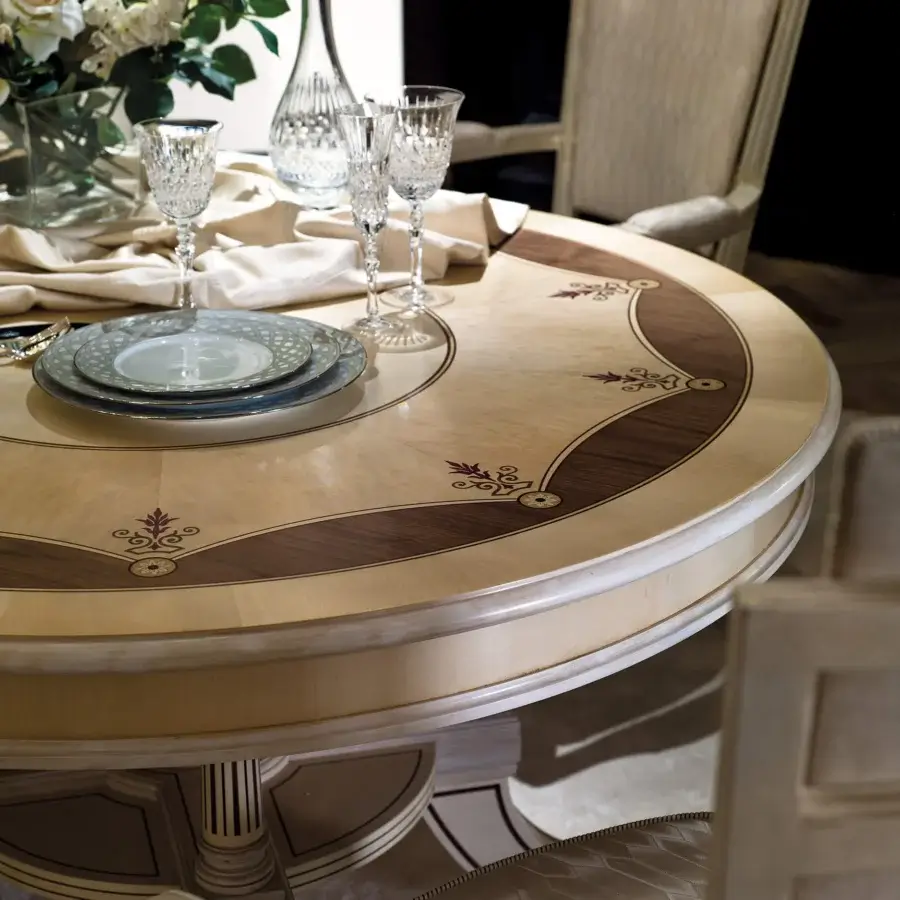 Elegant Provasi 1213 extendable table crafted in creamy beige wood with darker brown floral inlay and satin finish
