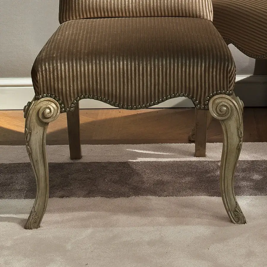 Lavish Provasi 1104 chair with vertically ribbed gold and brown textiles and a slightly distressed wooden frame
