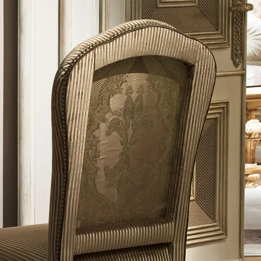 Distinguished Provasi 1104 chair with muted gold striped textile and floral damask backrest accented with braided gold and teal trim