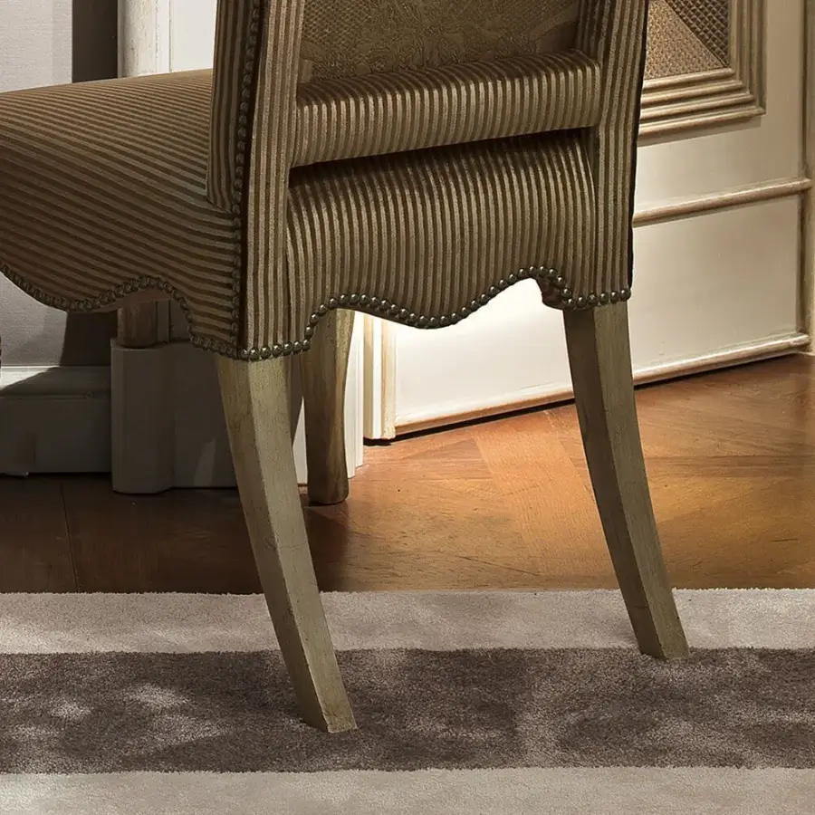 Superior Provasi 1104 chair crafted with a satin beige wooden frame and gold striped textile with metallic studs