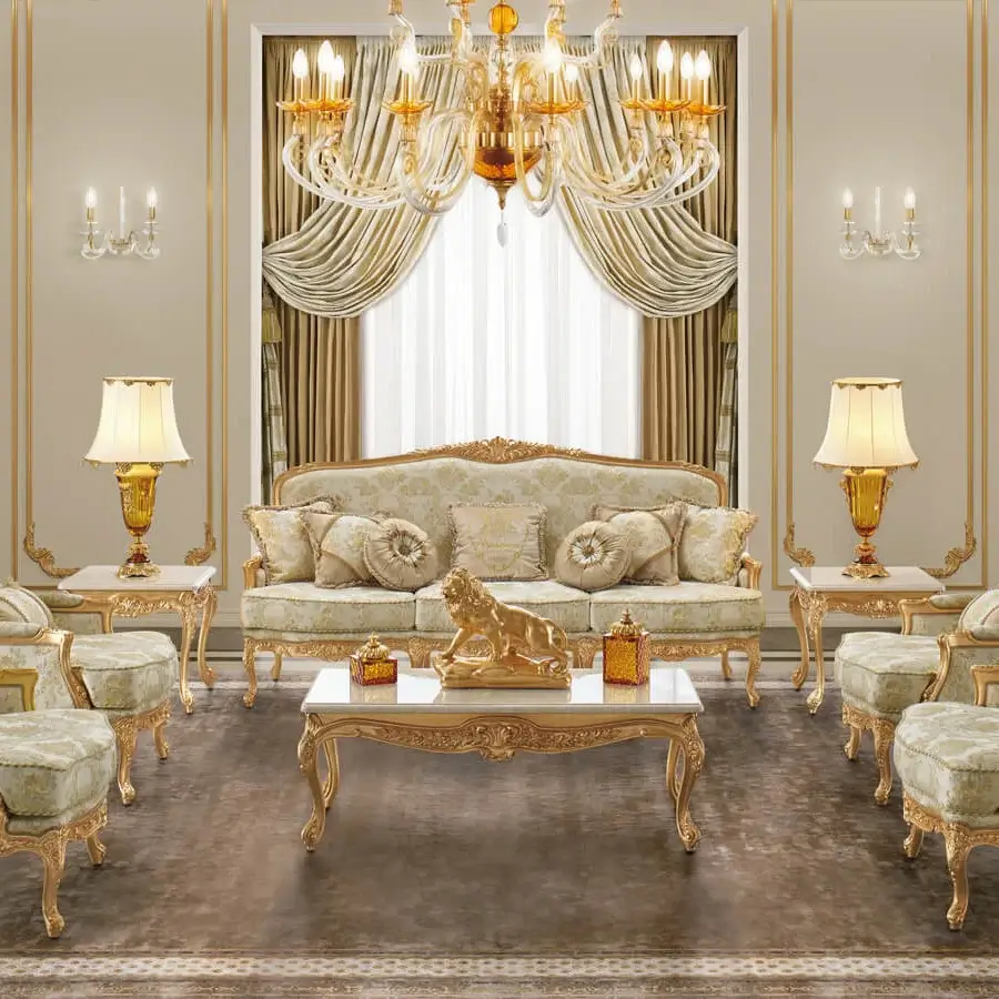 Lavish Modenese Palatial Elegance sofa with radiant gold leaf finish and plush pale green floral damask textile
