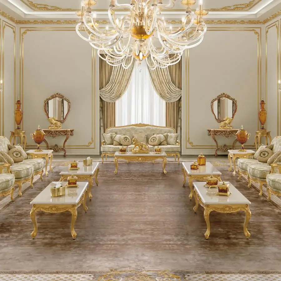 Distinguished Modenese Palatial Elegance sofa crafted in golden damask textile with radiant gold leaf finish and curved silhouette