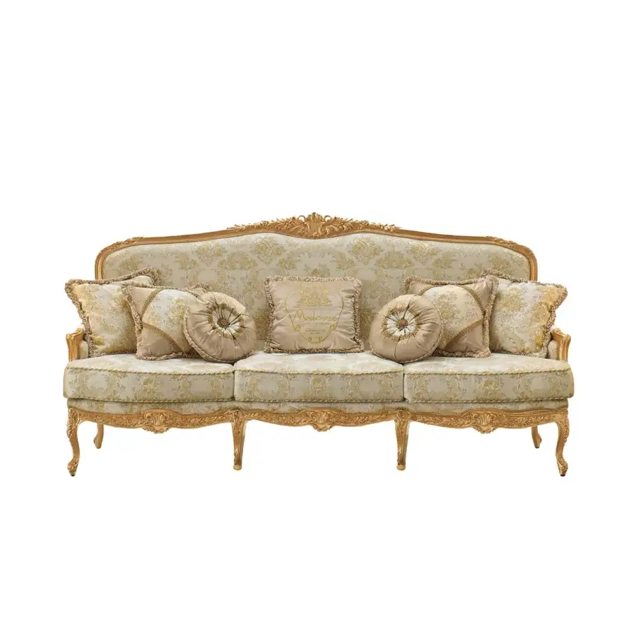 Exquisite Modenese Palatial Elegance sofa built in golden damask textile with radiant gold leaf finish