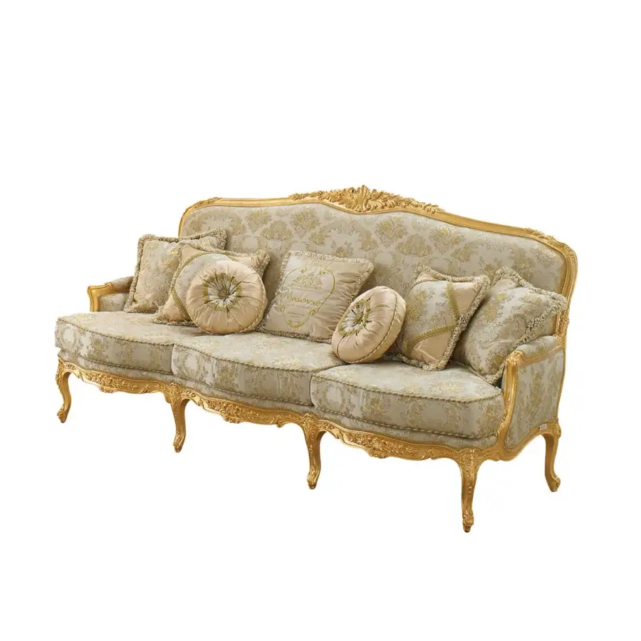 Superior Modenese Palatial Elegance sofa built with golden damask textile and radiant gold leaf finish