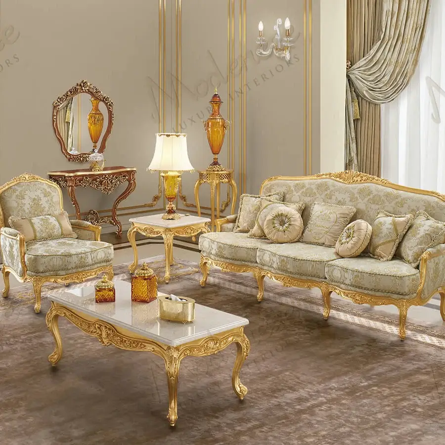 Lavish Modenese Palatial Elegance sofa built with golden damask textile and radiant gold leaf finish