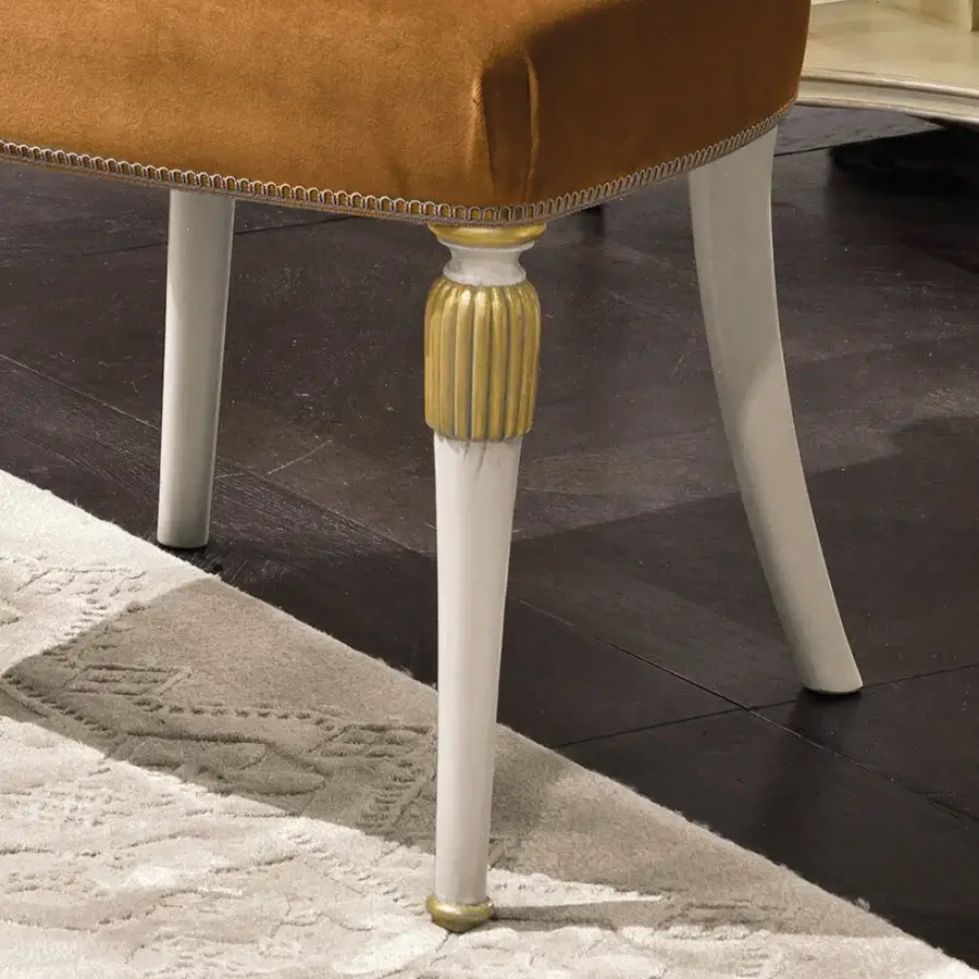 Exceptional Provasi 1604 chair with golden-brown textile upholstery and satin white finished wood built with gold detailing