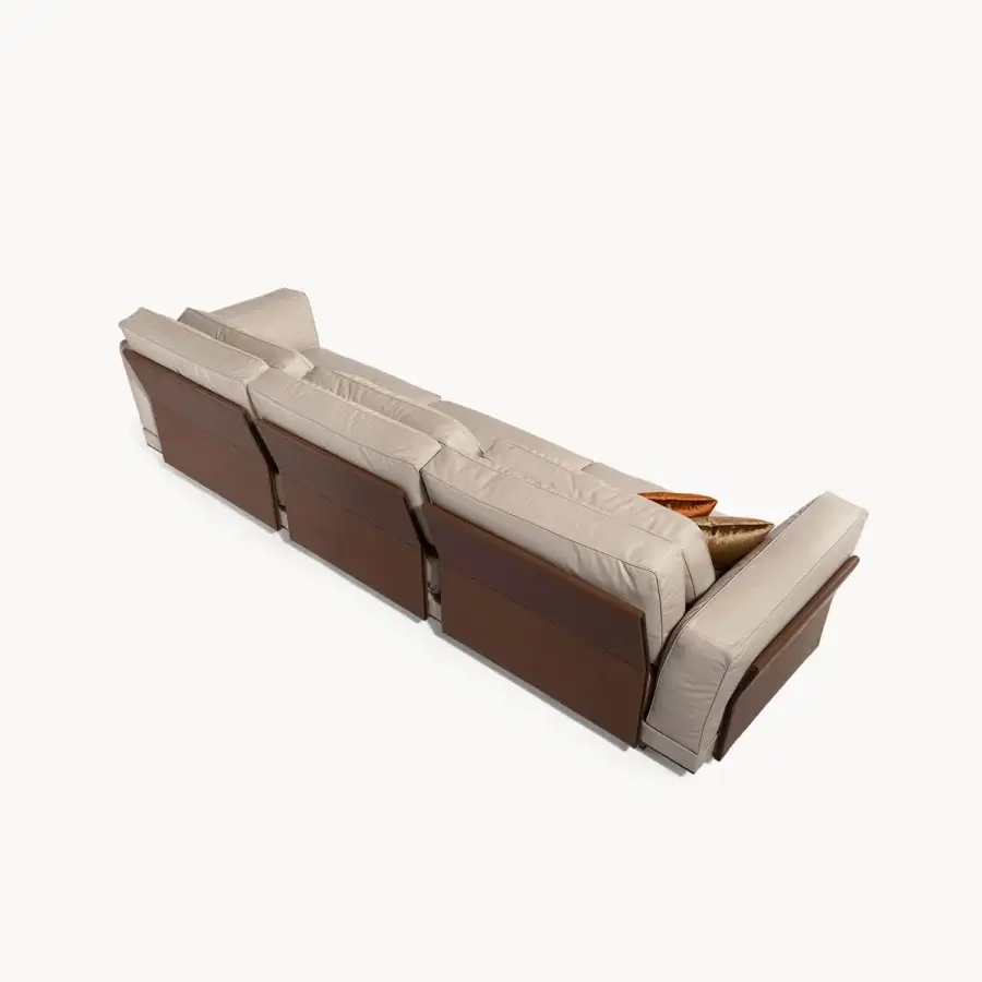 Lavish Visionnaire Anthem sofa with light beige leather upholstery and dark brown wood accents built with laminate