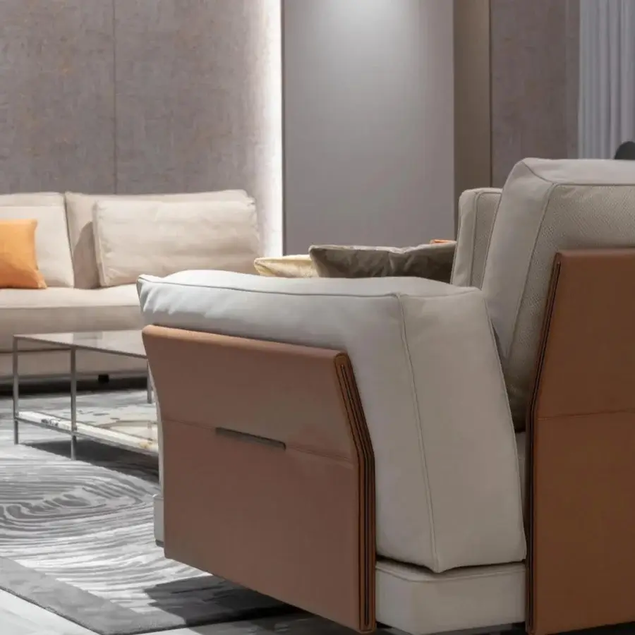Distinguished Visionnaire Anthem sofa built with laminate and MDF, upholstered in light beige and dark brown leather accents