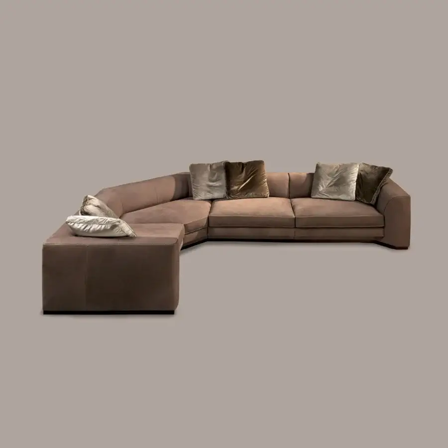 Distinguished Borzalino Franklin L sectional with warm brown textured textile upholstery and elegant piping