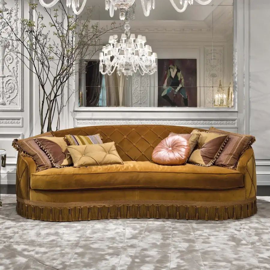Exquisite Provasi Goran sofa with golden yellow textured velvet upholstery and a discreetly elevated solid wood base