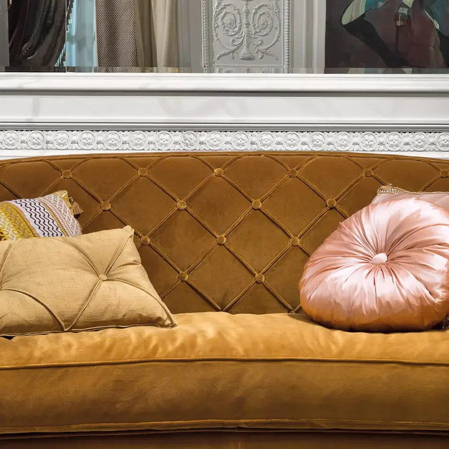 Distinguished Provasi Goran sofa with sumptuous velvet upholstery, radiant satin finish, and diamond tufting
