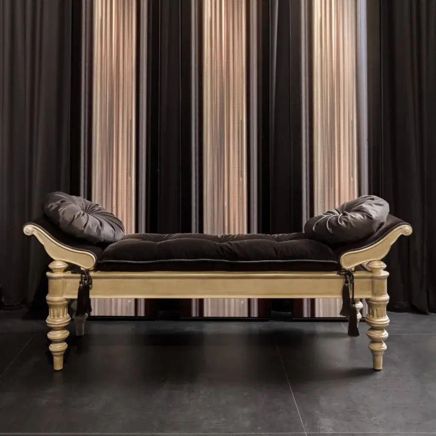 Elegant Provasi Vincent bench crafted with quilted deep brown textile and pale satin-finished solid wood frame