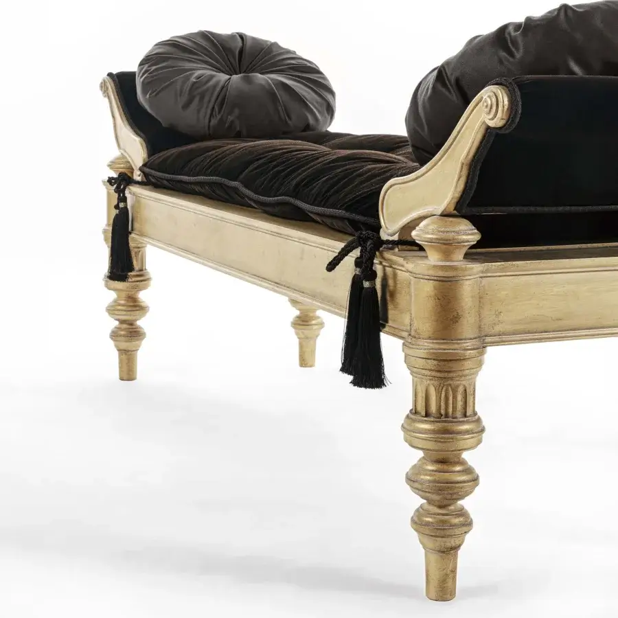 Distinguished Provasi Vincent bench with gold-toned satin wood and deep black velvet upholstery including coordinating tassels