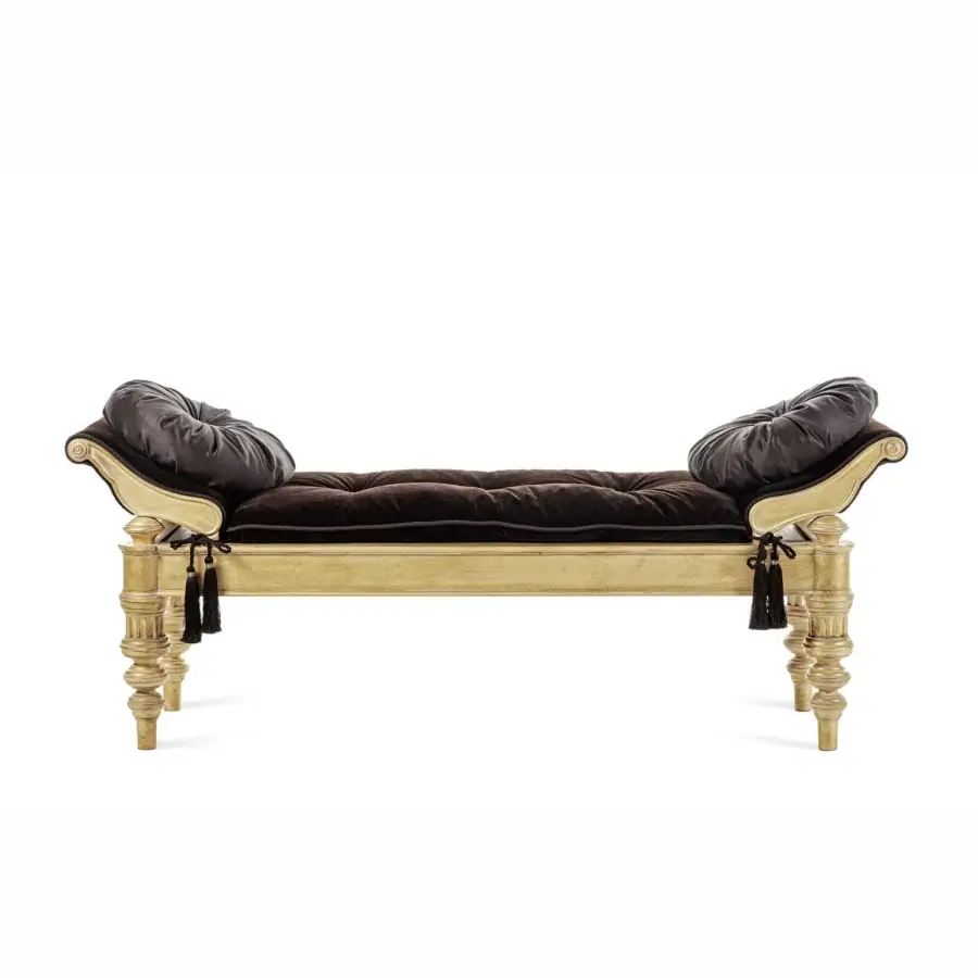 Superior Provasi Vincent bench with plush dark brown velvet upholstery and a rhythmic solid wood frame with light finish