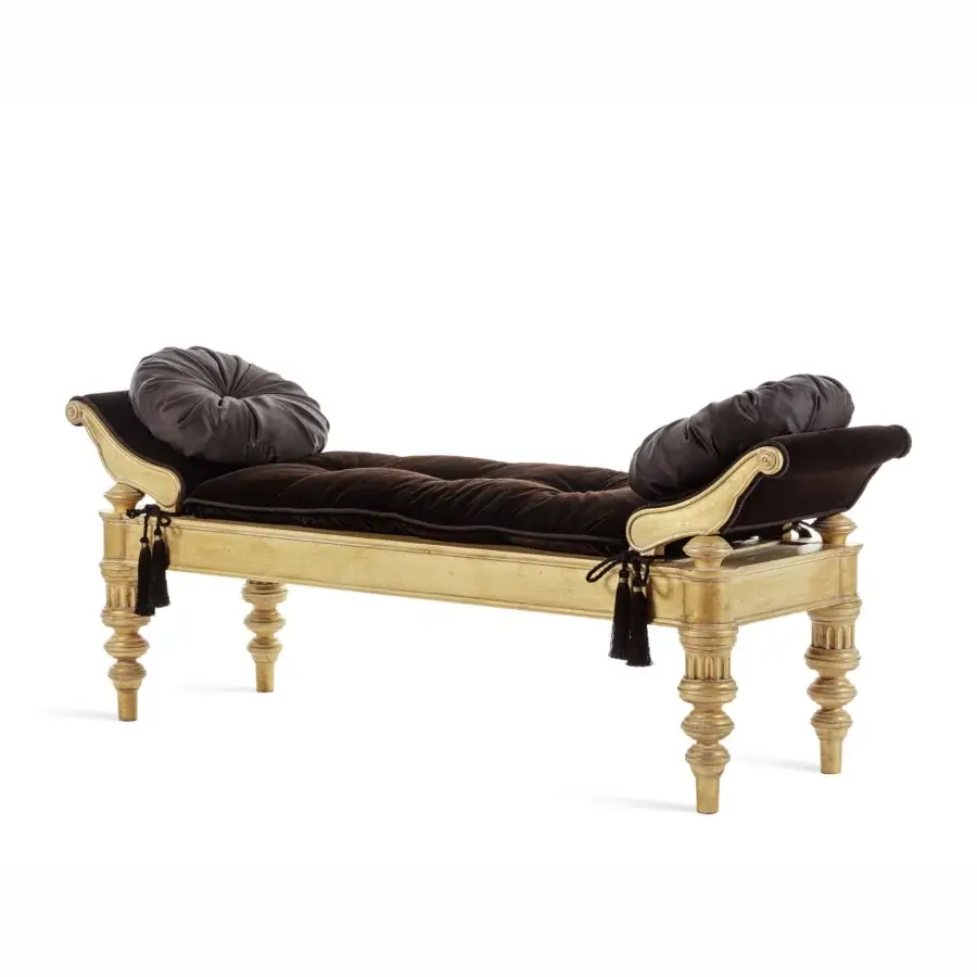 Distinguished Provasi Vincent bench with a rhythmic solid wood frame finished in gold and deep black velvet cushioning with tassels