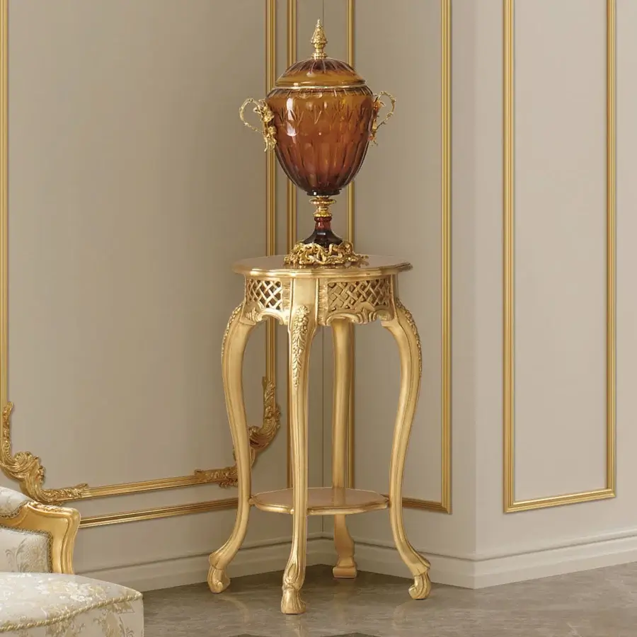 Exquisite Modenese Palatial Elegance vase stand crafted in Italy with ornate carvings and a high-gloss golden finish