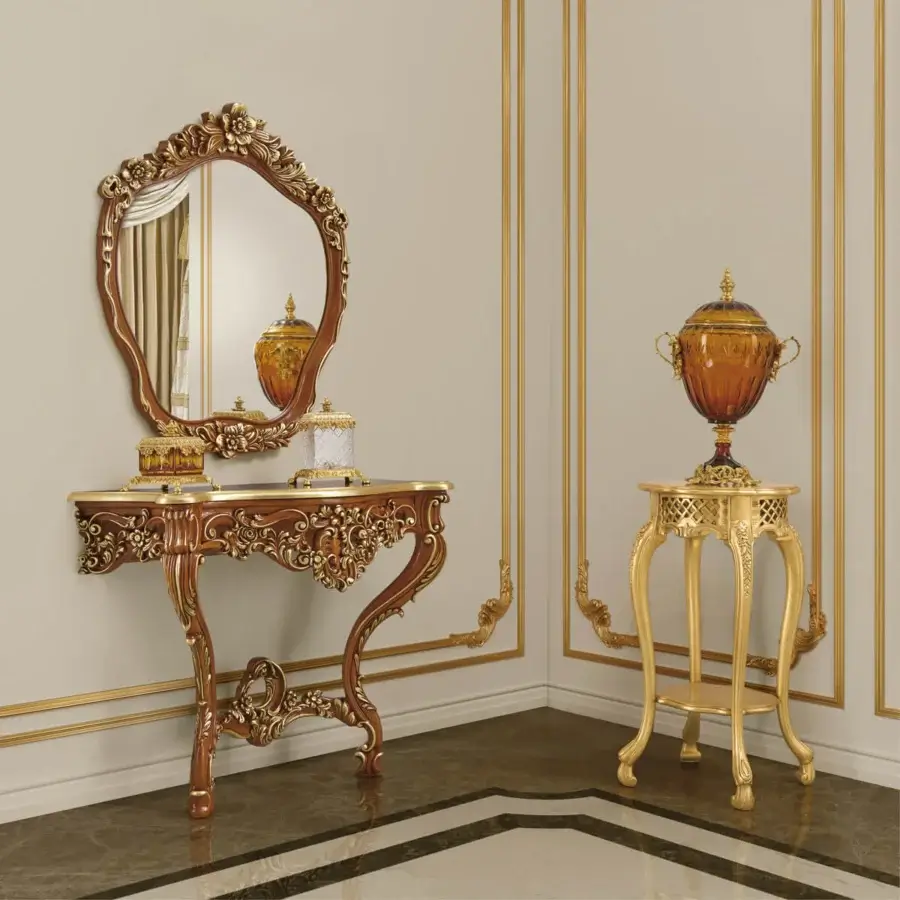 Lavish Modenese Palatial Elegance vase stand crafted in wood with gilded detailing and satin finish
