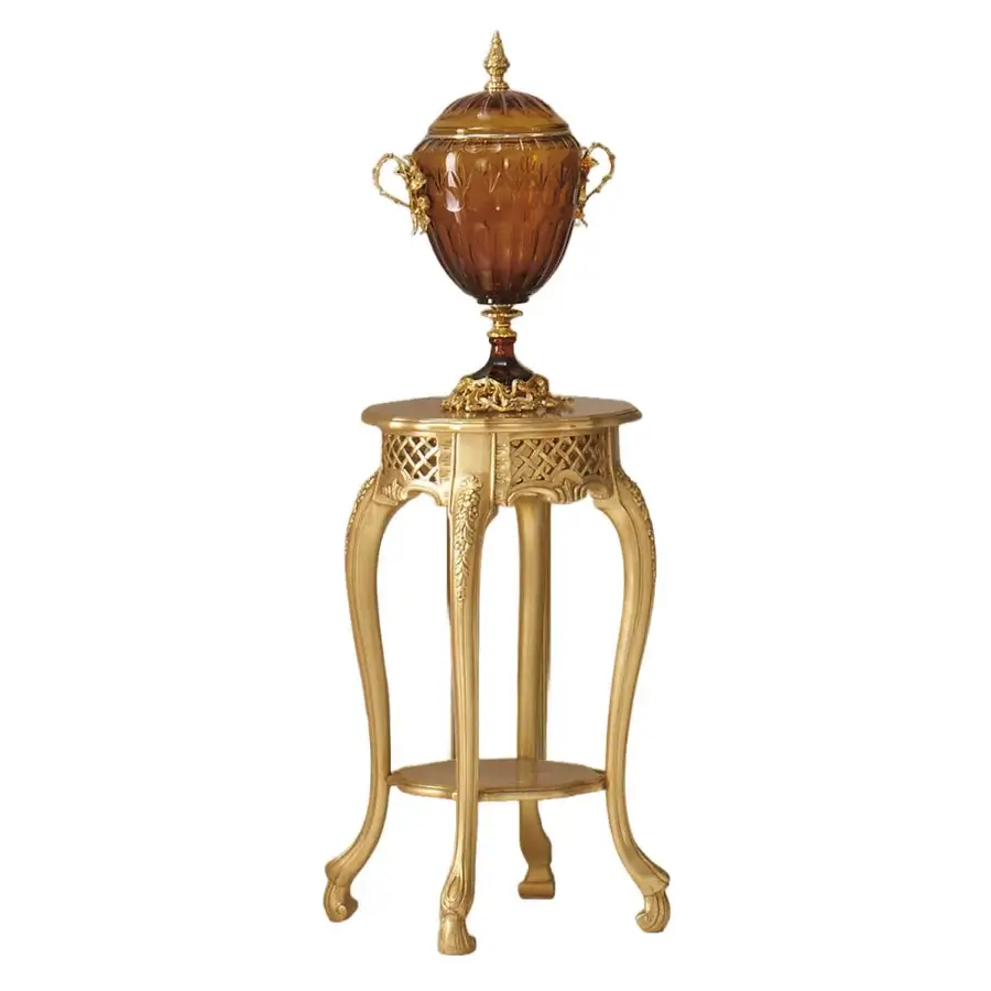 Superior Modenese Palatial Elegance vase stand crafted with floral motifs in glossy golden finish supporting amber glass urn
