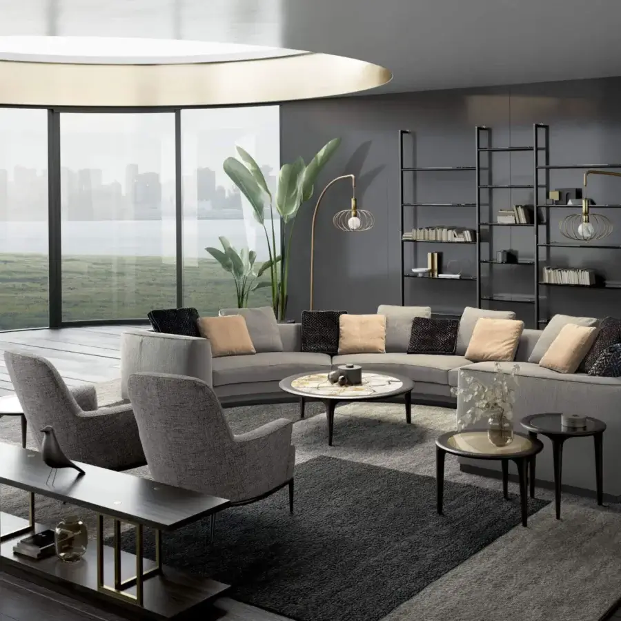 Exceptional Borzalino Franklin U sectional with neutral gray textile upholstery and dark-toned metal legs