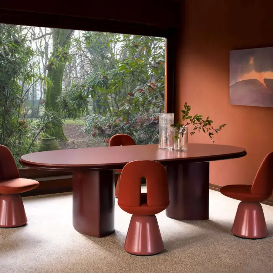 Exceptional Carpanese Home Bill chair with terracotta upholstery and a smooth satin finish crafted in wood
