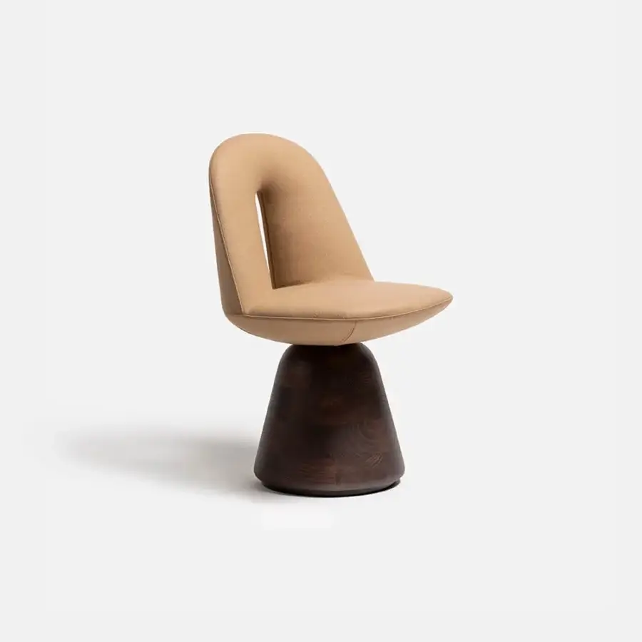 Distinctive Carpanese Home Bill chair built with warm beige textile upholstery and dark brown satin-finish wooden base