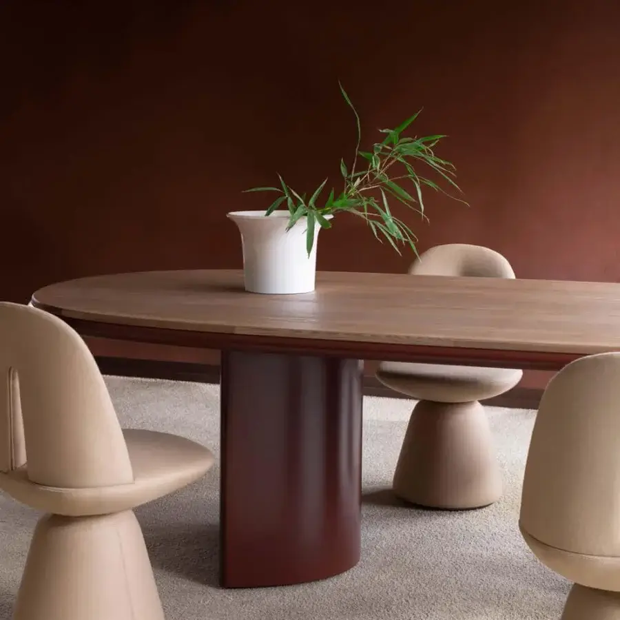 Exceptional Carpanese Home Bill chair, a dining seat with light beige textile upholstery and reddish-brown finished wooden base