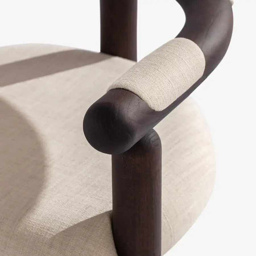 Distinctive Carpanese Home Panda armchair crafted in light beige woven textile with satin finished solid ash wood