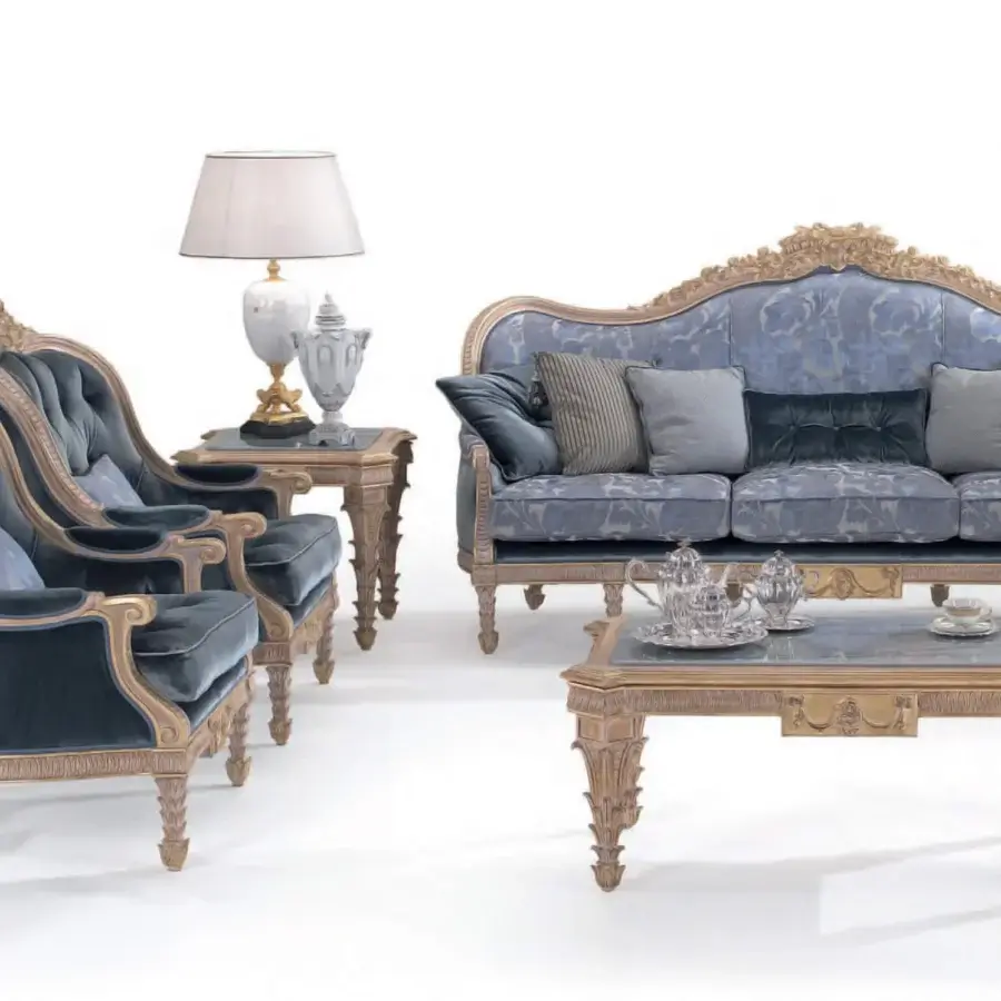Lavish Armando Rho A1317 coffee table handcrafted in radiant gold leaf with a refined marble top