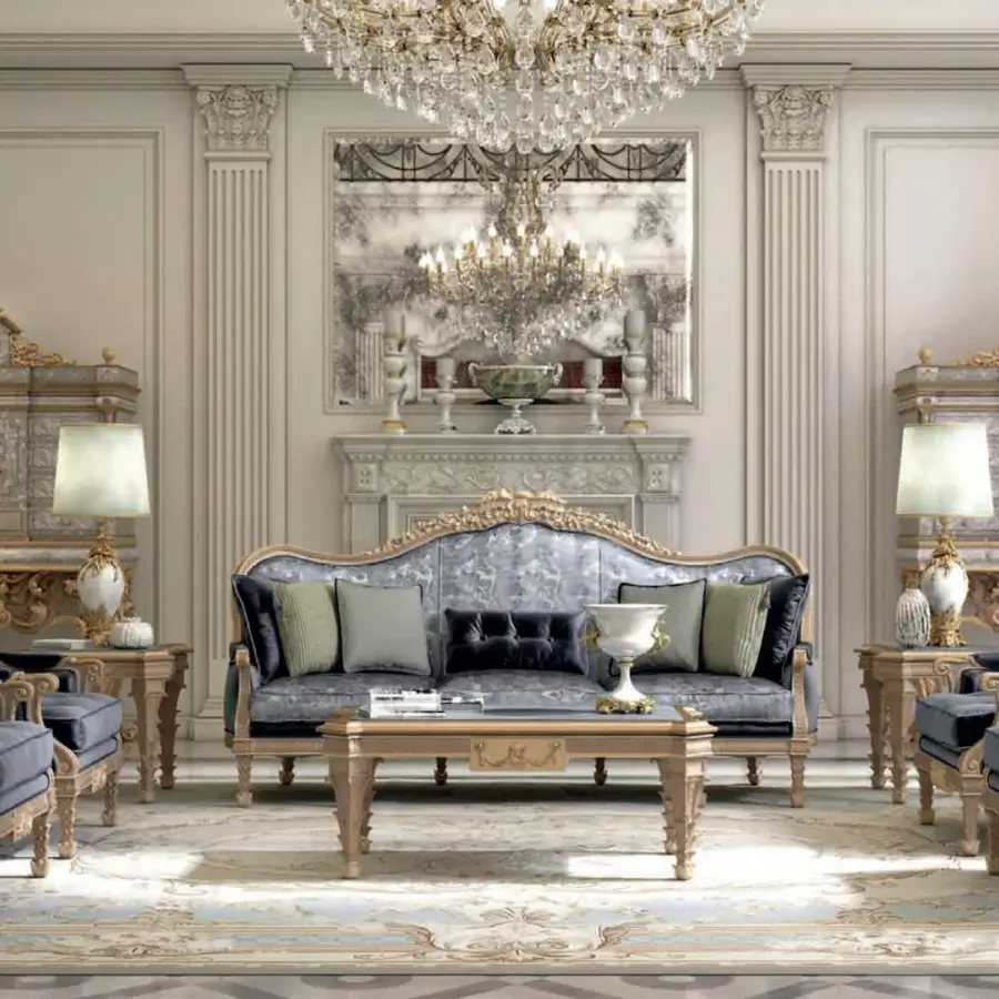 Superior Armando Rho A1317 coffee table handcrafted in radiant gold leaf with sculpted lines and refined marble top