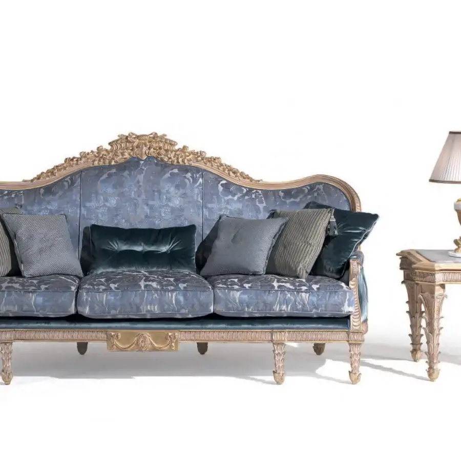 Distinguished Armando Rho A1318 side table crafted with ornate carvings in luminous gold leaf and topped with marble