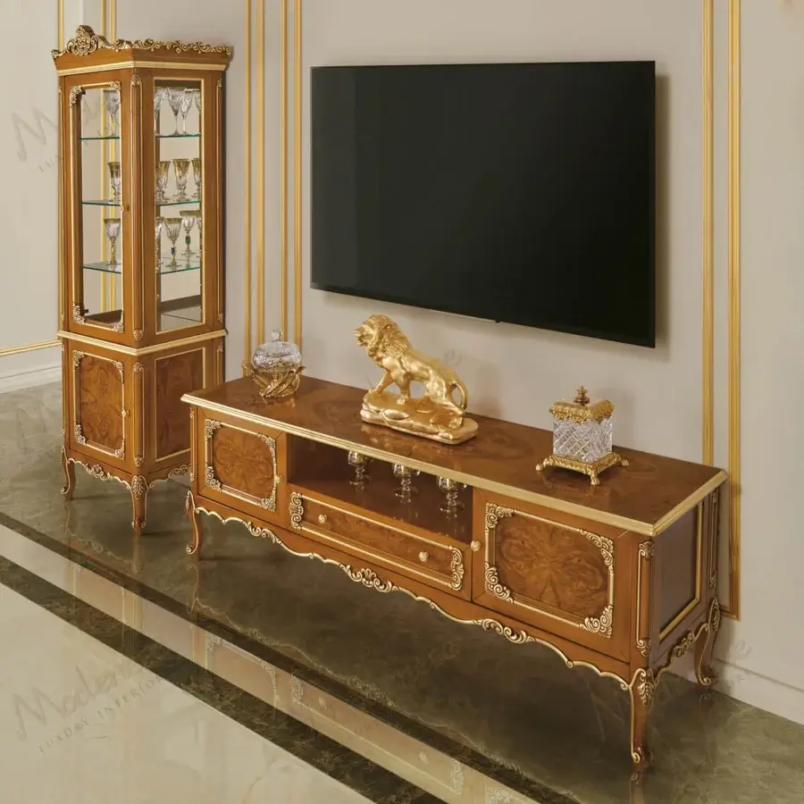 Elegant Modenese Timeless Grace TV stand crafted in wood with golden-brown finish and delicate gold accents
