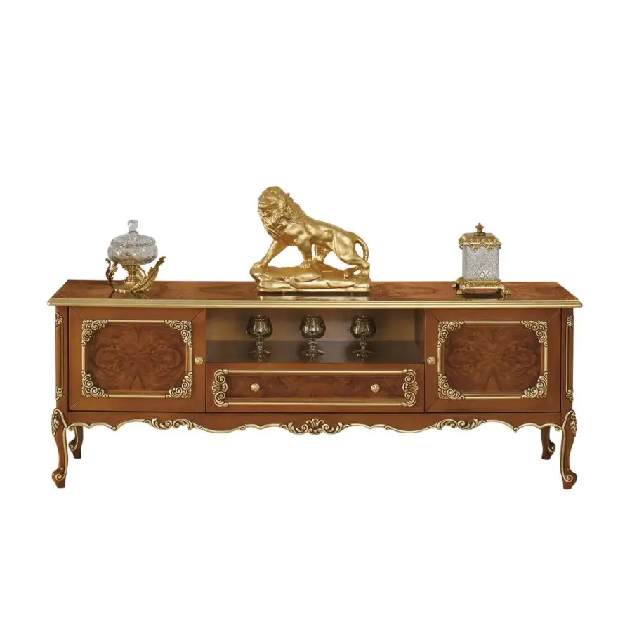 Superior Modenese Timeless Grace TV stand crafted in wood with warm brown and gold finish exhibiting curved legs