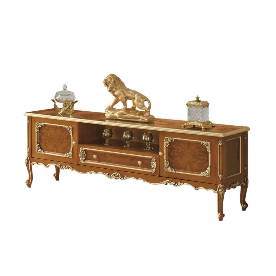 Distinguished Modenese Timeless Grace TV stand built in wood with warm brown finish and delicate gold accents