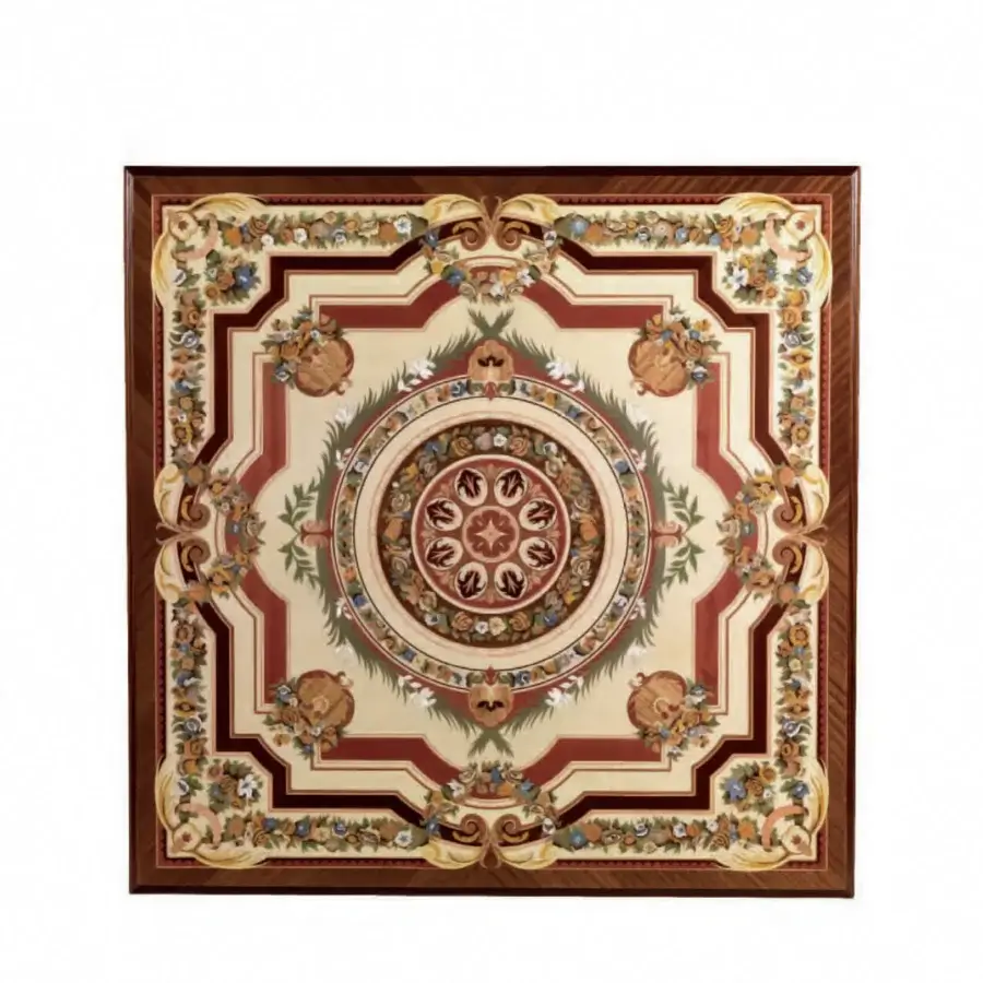 Lavish Armando Rho A1299 coffee table crafted in maple, mahogany, and paduk with mother of pearl, brass, and exotic wood veneers