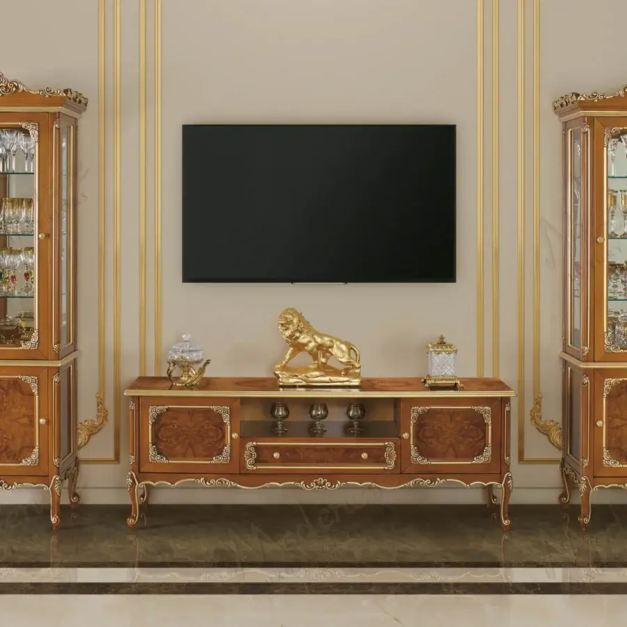 Distinguished Modenese Timeless Grace TV stand built in wood with gold accents and warm brown finish
