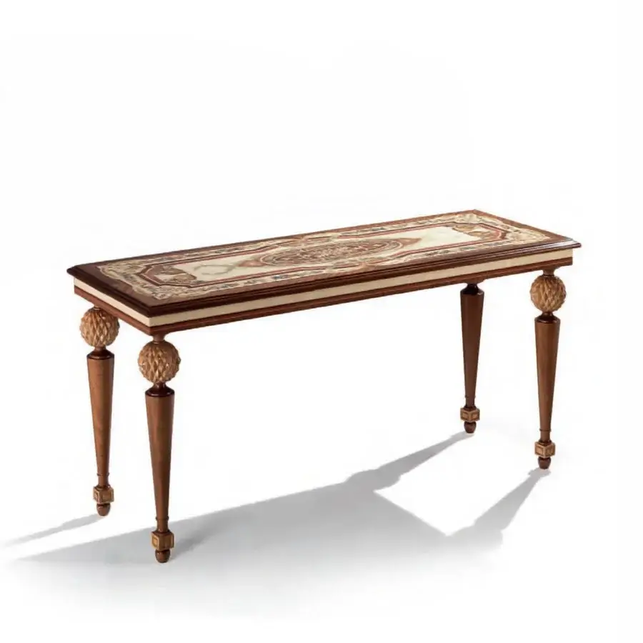 Exceptional Armando Rho A1301 console crafted in maple, mahogany, and paduk wood with a satin finish and neoclassical inlaid tabletop