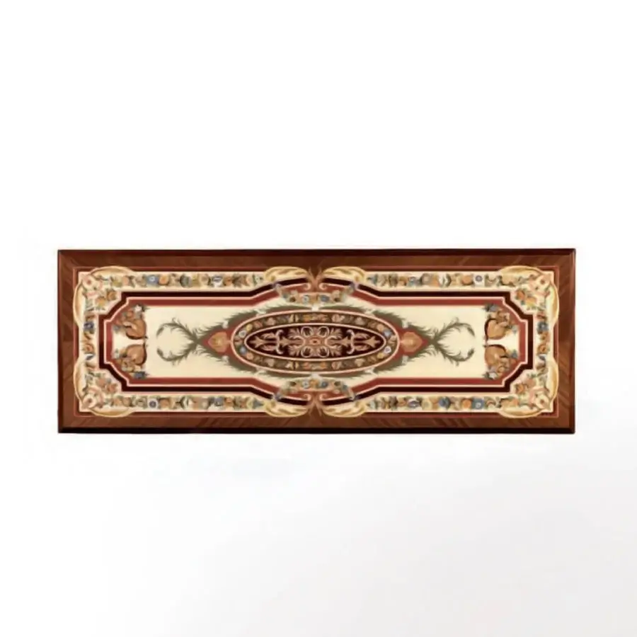 Lavish Armando Rho A1301 console crafted in maple, mahogany, and paduk wood with mother of pearl and brass inlays, exhibiting a glossy finish