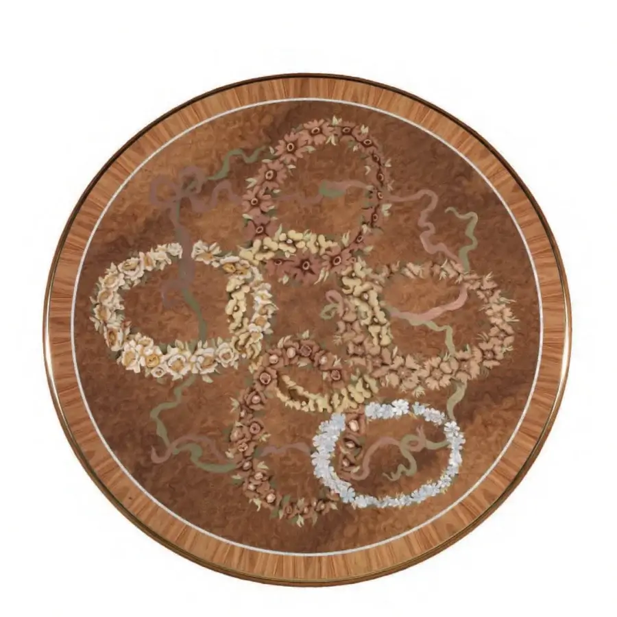 Captivating Armando Rho A1347 coffee table crafted in walnut Persian burl with mother of pearl inlays and satin finish