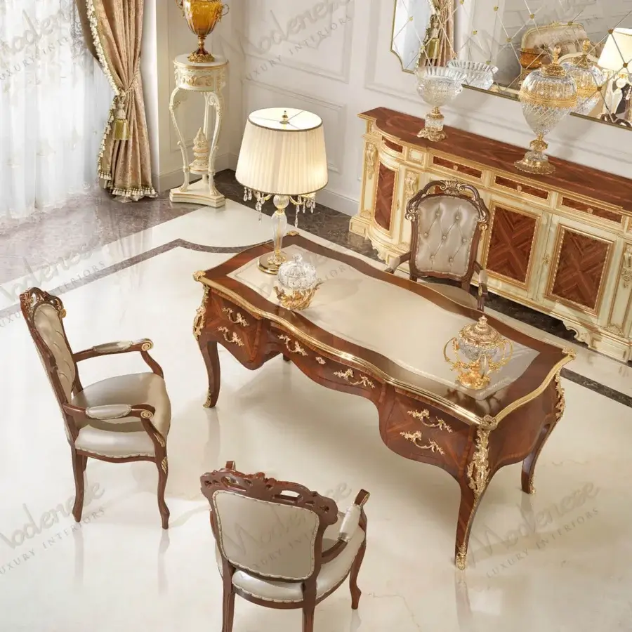 Distinguished Modenese Royal Symphony writing desk in reddish-brown with ivory leather and gilded accents, showcasing a glossy finish