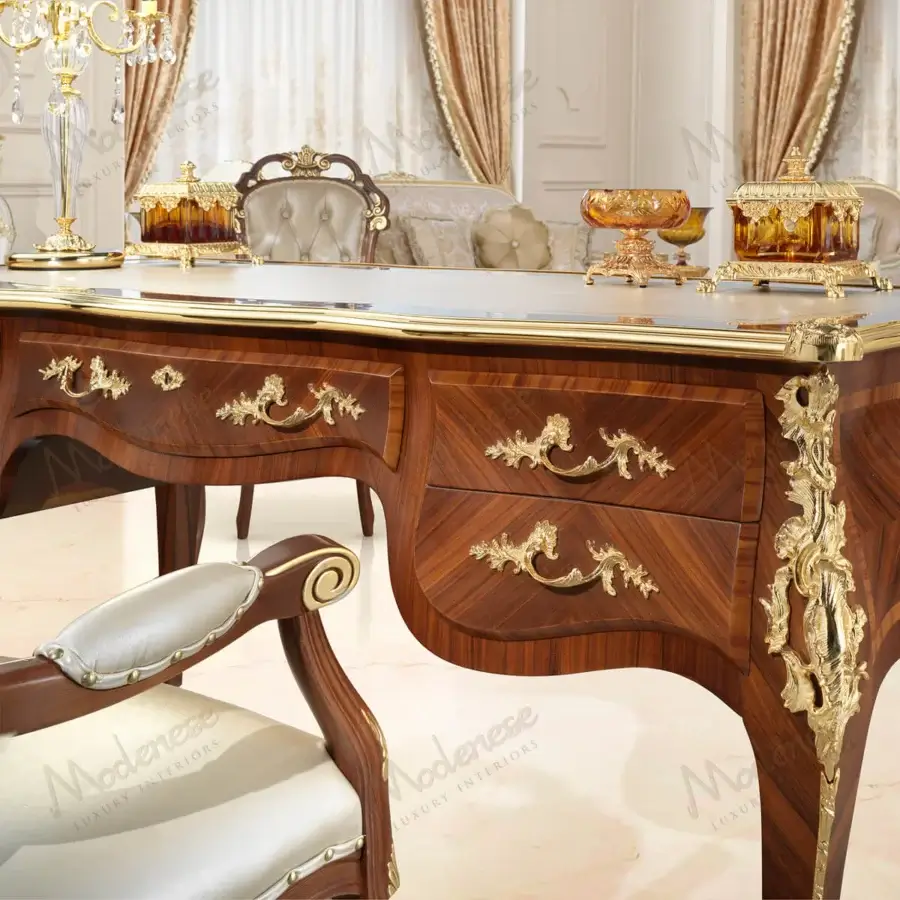 Exquisite Modenese Royal Symphony writing desk crafted in reddish-brown wood with ivory leather and opulent gold accents