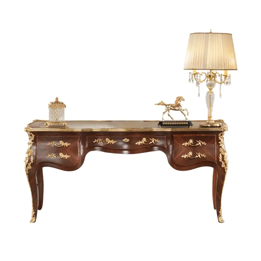 Superior Modenese Royal Symphony writing desk in reddish-brown wood with ivory leather and gilded detailing