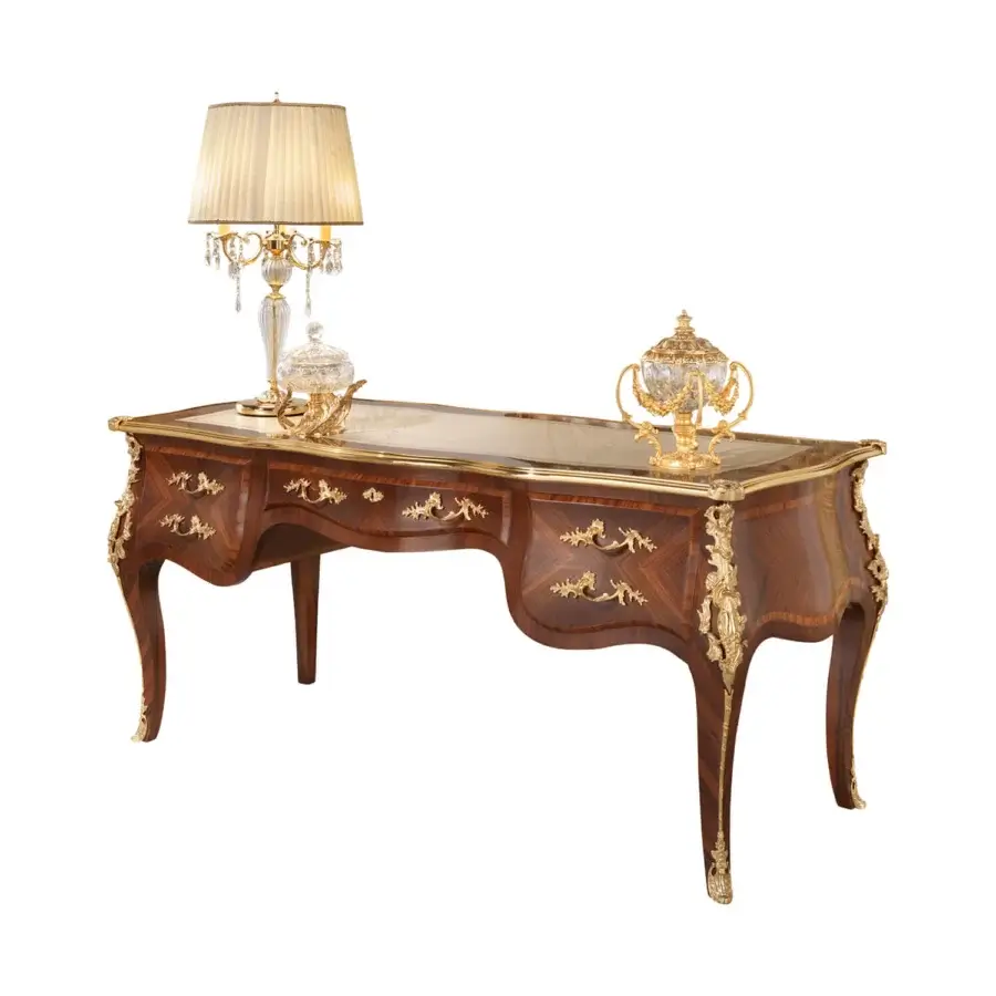 Lavish Modenese Royal Symphony writing desk in reddish-brown wood with opulent gold detailing and ivory leather upholstery