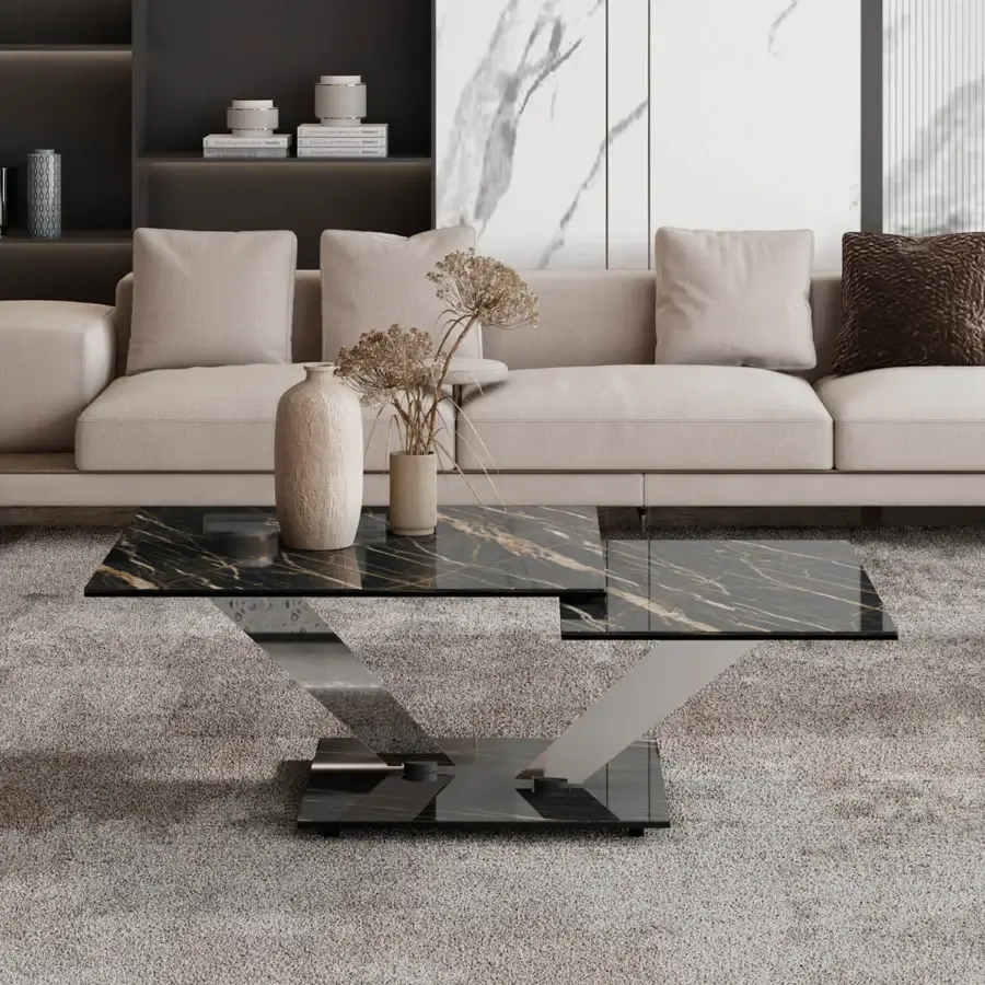 Superior Naos Calypso coffee table with polished ceramic tabletop and glossy black galvanized steel X base