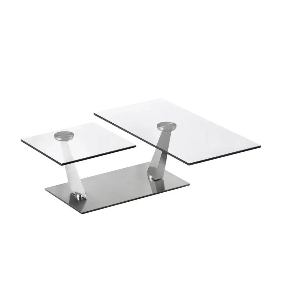 Exclusive Naos Calypso coffee table with synchronized revolving clear glass tops and polished silver-toned galvanized steel base