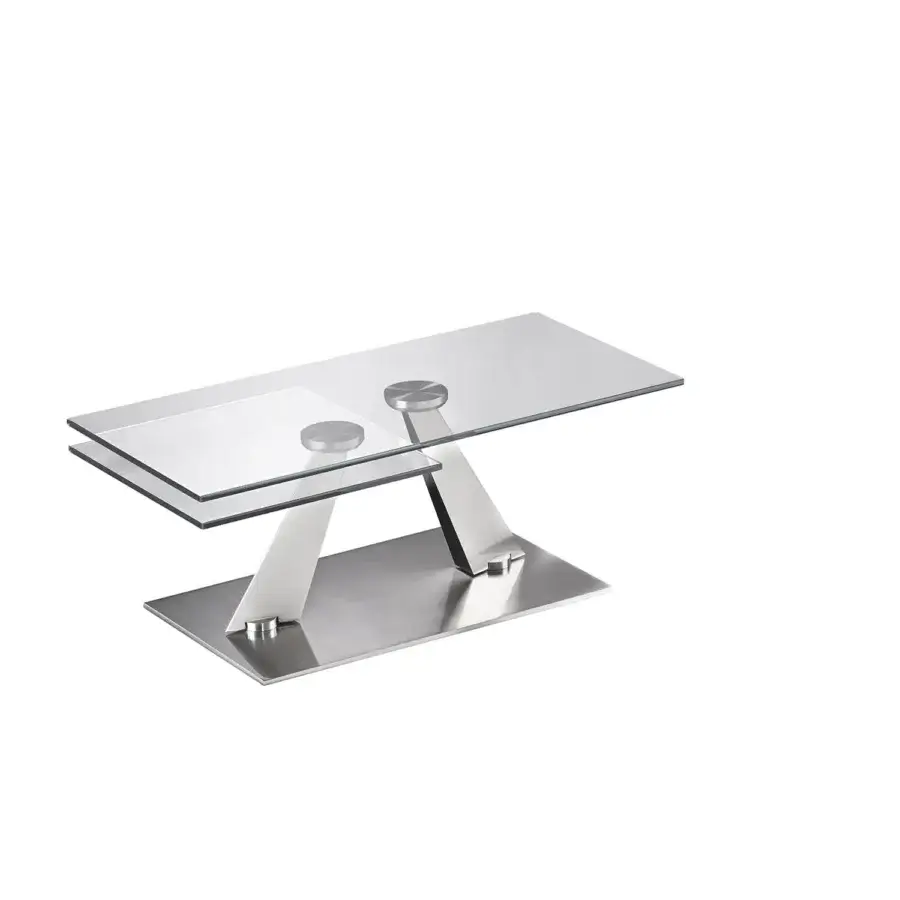 Distinguished Naos Calypso coffee table with synchronized revolving clear glass tabletop and polished silver-toned galvanized steel base