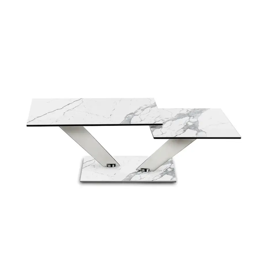 Exceptional Naos Calypso coffee table with white marble top and polished glass base exhibiting synchronized revolving functionality