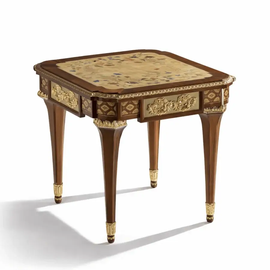 Distinguished Armando Rho A1263 side table with mahogany and ash burl wood, showcasing marquetry details and gilded metal accents