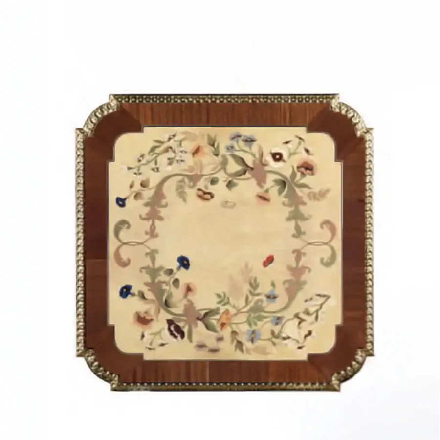Exceptional Armando Rho A1263 side table crafted in mahogany and ash burl wood with a satin finish and floral panel